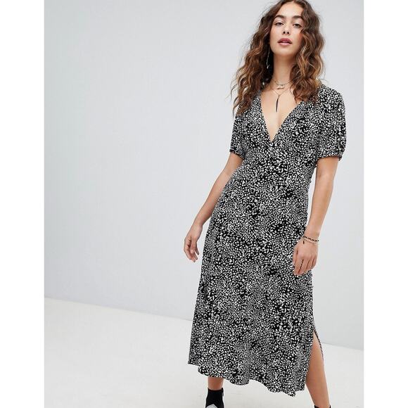 Free People Sz 4 Black Looking For Love Midi Dress in Animal Print Short Sleeve - Picture 14 of 15